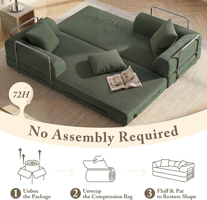 89" Cloud Boneless Convertible Sofa Bed, 5-in-1 Foldable Compressed High-Density Sponge Sofa, Corduroy Fabric 3 Seater Sleeper Couch Futon Daybed for Living Room Bedroom (Green)