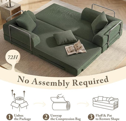 89" Cloud Boneless Convertible Sofa Bed, 5-in-1 Foldable Compressed High-Density Sponge Sofa, Corduroy Fabric 3 Seater Sleeper Couch Futon Daybed for Living Room Bedroom (Green)