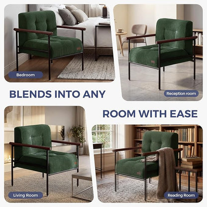 MAXYOYO Living Room Accent Chair, Modern Chair with Sturdy Metal Frame & Wood Armrests, Upholstered Reading Chair with Upholstered Cushion for Bedroom Balcony Porch, Dark Green