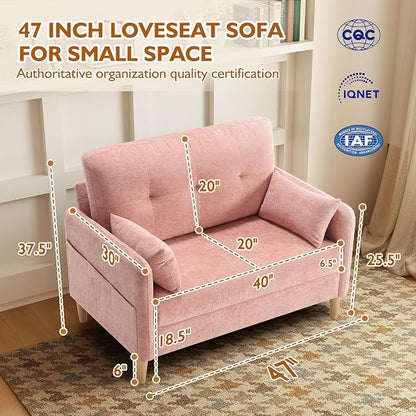 Urhanherry 47" Small Sofa Couch for Bedroom, Soft Chenille loveseat Mini Couch with Throw Pillow and Removable Cushion Cover for Small Spaces, Living Room, Apartment, Dorm, Office(Pink)