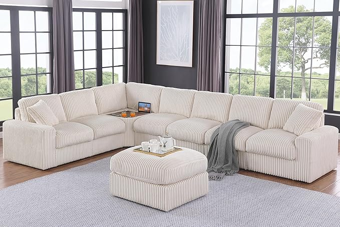 Ball & Cast 146" Oversized Modular Sectional Sofa,Large Corduroy Upholstered Couch L-Shaped 8 Seat with Movable Ottoman & 2 Pillows,Comfty Sectionals W/Cup Holders & USB Ports,for Living Room,Beige