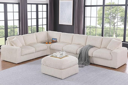 Ball & Cast 146" Oversized Modular Sectional Sofa,Large Corduroy Upholstered Couch L-Shaped 8 Seat with Movable Ottoman & 2 Pillows,Comfty Sectionals W/Cup Holders & USB Ports,for Living Room,Beige