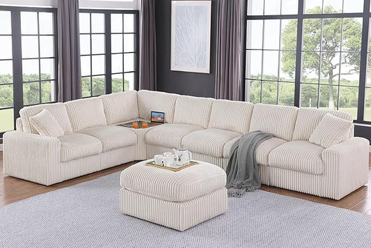 Ball & Cast 146" Oversized Modular Sectional Sofa,Large Corduroy Upholstered Couch L-Shaped 8 Seat with Movable Ottoman & 2 Pillows,Comfty Sectionals W/Cup Holders & USB Ports,for Living Room,Beige