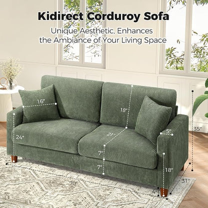 Kidirect 70in U Shaped Couch, Modular Sofa No Tool Assembly, Comfy Sectional Couches for Living Room 21in Deeper Seats, Corduroy Sofas for Living Room with 2 Pillows, Loveseat Sofa Set, Green Couch