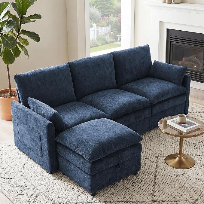 Iroomy 25" Chenille Ottoman, 9.5" Thick Cushion, Upholstered Footrest Modern Footstool & Bench for Living Room, Bedroom, Blue