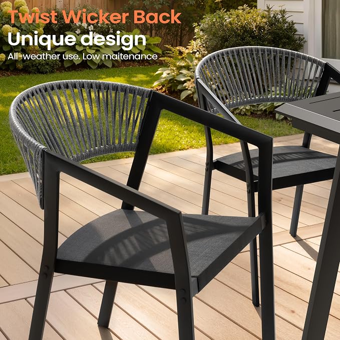 Pellebant Aluminum 11-Piece Outdoor Dining Table Set for 8-10 Person | Patio Stackable Chair with U-Shaped Wicker Backrest, 94" Table with Wood-Grain Top & Umbrella Hole, Aluminum Frame Furniture