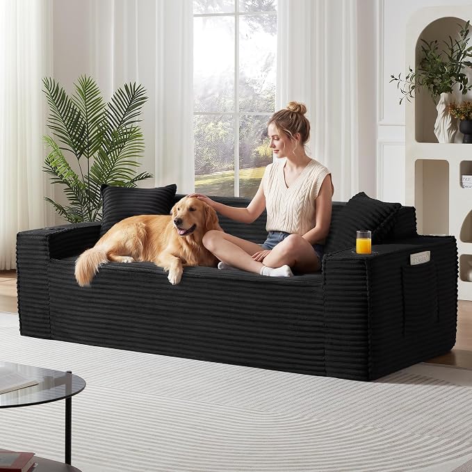 2 Pcs Living Room Cloud Sofa Set, Boneless Sofa Couches with Cup Holder and Side Pocket for Compact Living Rooms, Apartments (Black, Loveseat + 3 Seat Sofa)