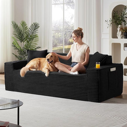 2 Pcs Living Room Cloud Sofa Set, Boneless Sofa Couches with Cup Holder and Side Pocket for Compact Living Rooms, Apartments (Black, Loveseat + 3 Seat Sofa)