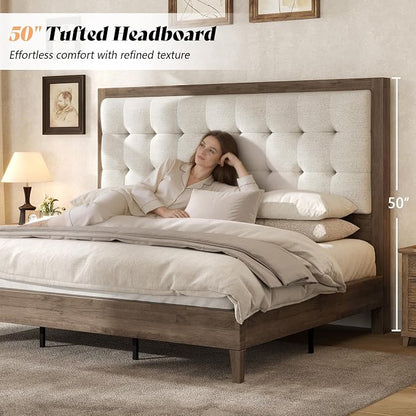 AMERLIFE King Size Bed Frame and Headboard, Solid Wooden Bed Frame King Size Platform Bed Frame Mid-Century Style, No Box Spring Required, Ash Gray