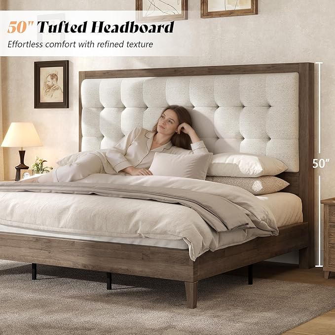 AMERLIFE Queen Bed Frame with Headboard, Solid Wooden Bed Frame Queen Size Platform Bed Mid-Century Style, No Box Spring Required, Ash Gray