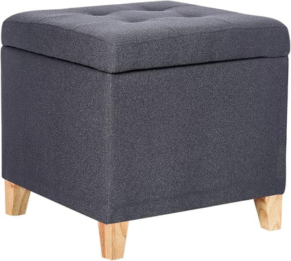 Adeco Storage Ottoman Bench with Solid Wood Legs, Dark Grey Cotton Linen Upholstered Tufted Footstool, Hinged Lid Cube for Living Room, Bedroom, Entryway, 17.7" Square