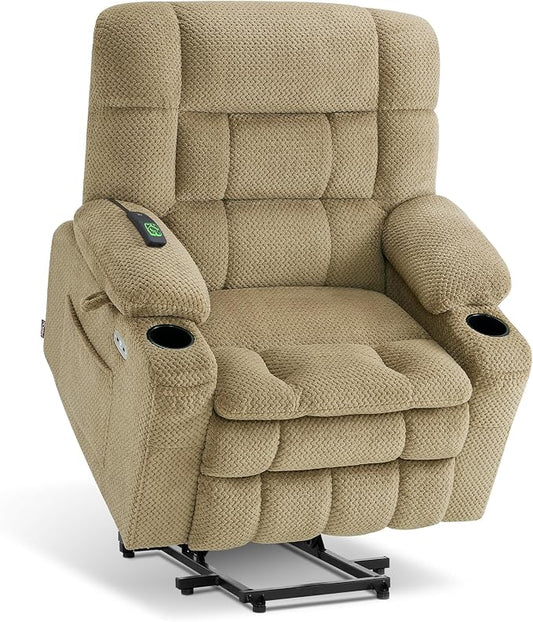 MCombo Small Dual Motor Power Lift Recliner Chair for Elderly, Zero Gravity Lift Chair with Heat and Massage, Lay Flat Recliner for Petite, USB Ports, Fabric R7894 (Small-Wide, Beige)