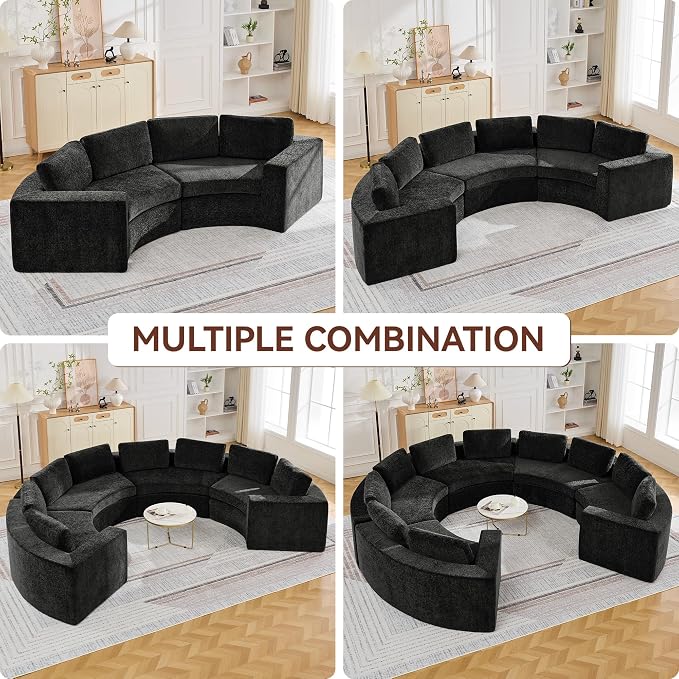 WUTUTUEE 119'' Curved Round Boneless Sofa, Oversized Modular Sectional Sofa with Deep Seat & Arms, Chenille Memory Foam Sofa with Pillows, Upholstered Comfy 4 Seat Couch for Living Room, Black