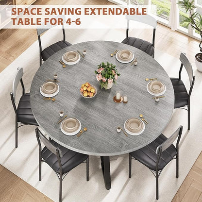 Expandable Kitchen Dining Table for 4-6, Oval Round Dining Table with Storage Shelf and Removable Extension Leaf, Space Saving Pedestal Table for Dining Room, Modern Industrial Style (Grey)
