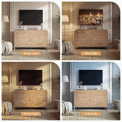 Curved 6-Drawer Dresser for Bedroom, 54" Wide Modern Chest of Drawers, Vanity Desk TV Stand for Living Room, Closet Storage Drawers Organizer Furniture, Nursery, Light Burl