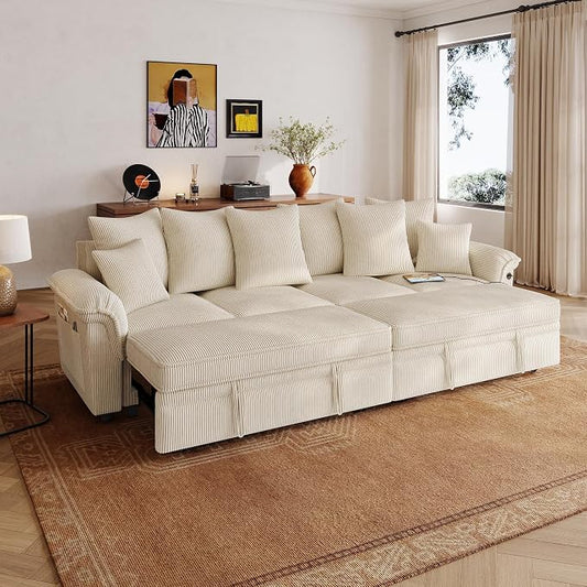 LINSY HOME Oversized Sectional Sleeper Sofa with Pull Out Couch Bed (Beige, 110.5'') | USB Charging