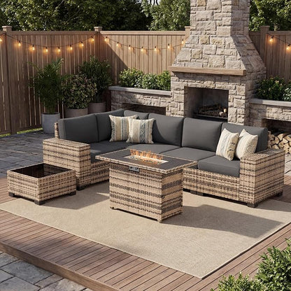 UDPATIO Patio Furniture Set with Fire Pit Table, 8 Inch Armrest Outdoor Sectional Sofas, 8 Piece All-Weather Wicker Conversation for Garden, Backyard