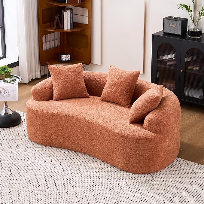 65" Curved Loveseat for Small Spaces,Boneless Loveseat Sofa,Wood Grain Chenille Fabric, No Installation Requirement, Curved Sofa Couch for Apartment,Living Room,Office (Coral, 65")