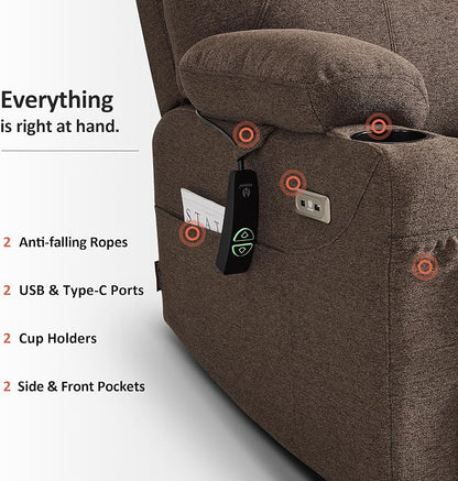 MCombo Power Lift Recliner Chair for Elderly R7045(Brown, Medium-Wide) | Heat and Massage, Breathable Fabric, USB& Type C Charging Port, FSC Certified