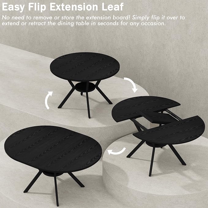 42"-58" Extendable Round Dining Table with Built-in Flip Leaf, Modern Oval Kitchen Table for 4-6, Space-Saving Small Room Furniture with Storage Shelf and X-Shaped Metal Base for Kitchen, Dining Room