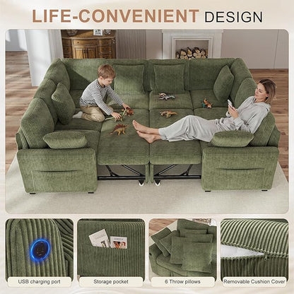 Hanherry Sectional Sofa with Pull Out Couch Bed,Corduroy Sleeper Sofa with 2 Seat Storage & USB Charging,Comfy Modular Couches for Living Room,Apartment