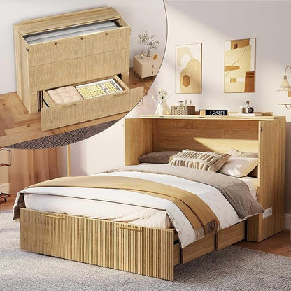 Full Size Murphy Bed Cabinet: Modern Murphy Bed Full Oak, Natural Wood Hidden Beds Cabinet with Charging Station, Contemporary Hideaway Beds for Apartments (Oak-Fluted)