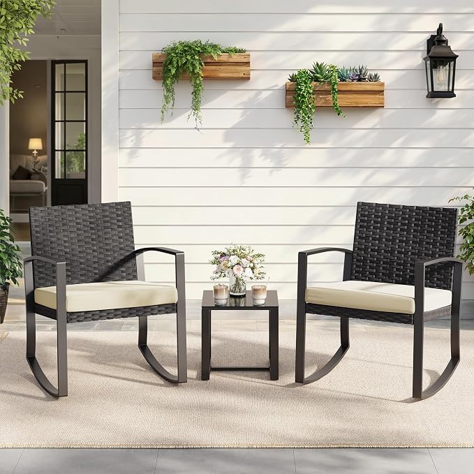 Qsun 3 Pieces Porch Furniture Set Patio Rocking Bistro Set Outdoor Patio Chairs Rattan Conversation Sets with Coffee Table for Front Porch Garden Balcony Backyard Poolside (Beige Cushion)