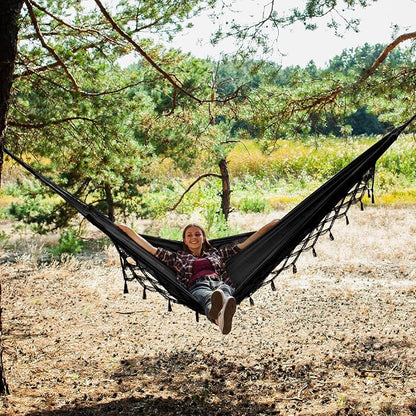 Bellzacasa Double Hammock, Heavy Duty 500 lb Load Capacity Tassels and Fishtail Knitting Portable Camping Hammocks with Mounting Straps for Outdoor Camping Patio Balcony Black