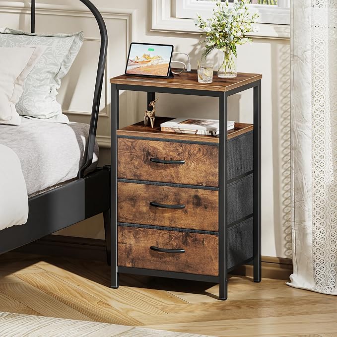 Huuger Nightstands Set of 2, 27.6 Inch End Tables with Charging Station, Fabric Drawers, Bedside Tables with USB Port and Outlet, Night Stands for Bedroom, Rustic Brown