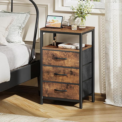 Huuger Nightstands Set of 2, 27.6 Inch End Tables with Charging Station, Fabric Drawers, Bedside Tables with USB Port and Outlet, Night Stands for Bedroom, Rustic Brown