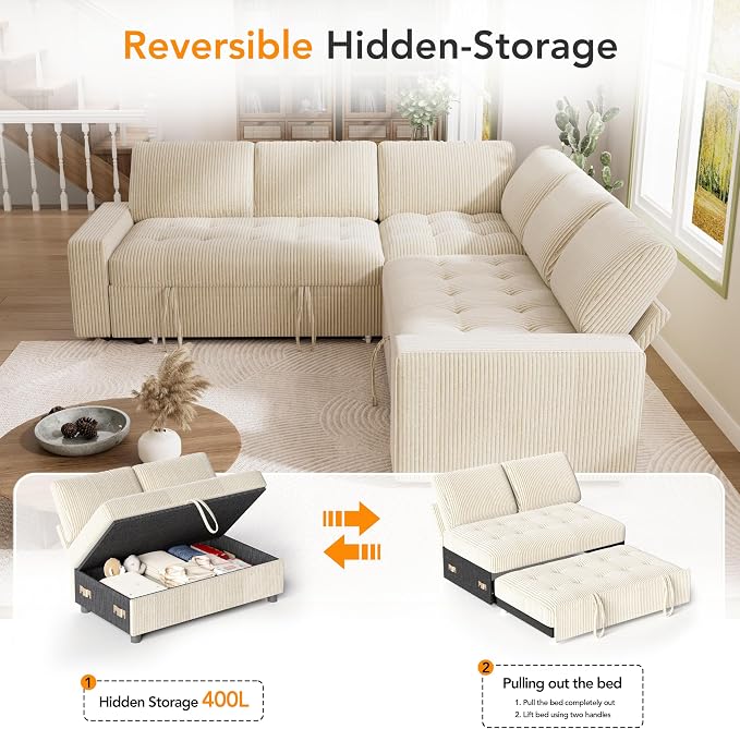 Sunny Heart Modular Sectional Sleeper Sofa with Pull Out Bed, Corduroy L Shaped Sectional Sofa with USB Ports/Adjustable Backrest/Storage Seats, Tool-Free Assembly, Couches for Living Room Beige
