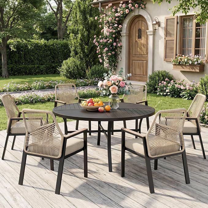 MIXPATIO 7 Pieces Round Outdoor Dining Set for 6, Patio Dining Set Wicker Rattan Chairs with Soft Cushion and 54" Round Table with Umbrella Hole, Round Patio Table and Chairs for Backyard Porch
