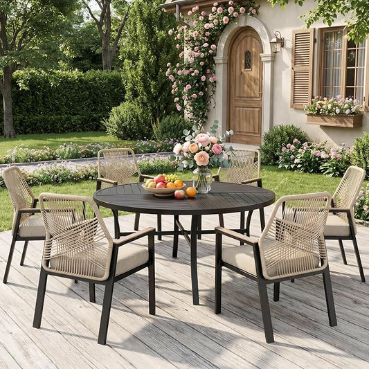 MIXPATIO 7 Pieces Round Outdoor Dining Set for 6, Patio Dining Set Wicker Rattan Chairs with Soft Cushion and 54" Round Table with Umbrella Hole, Round Patio Table and Chairs for Backyard Porch