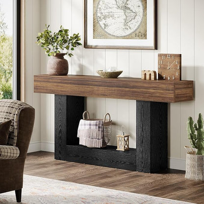 Tribesigns 63" Console Table, Farmhouse 2-Tier Entryway Table with U-Shaped Base, Narrow Long Wood Behind Couch Table for Living Room, Hallway, Foyer, Dark Brown & Black