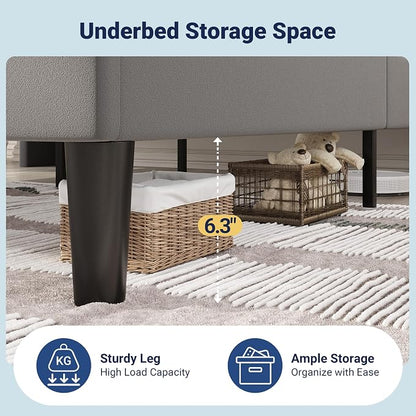 Allewie Full Size Platform Bed Frame with Charging Station and Storage Shelf/Upholstered Velvet Wingback Headboard/Wooden Slats Support/No Box Spring Needed/Easy Assembly, Grey
