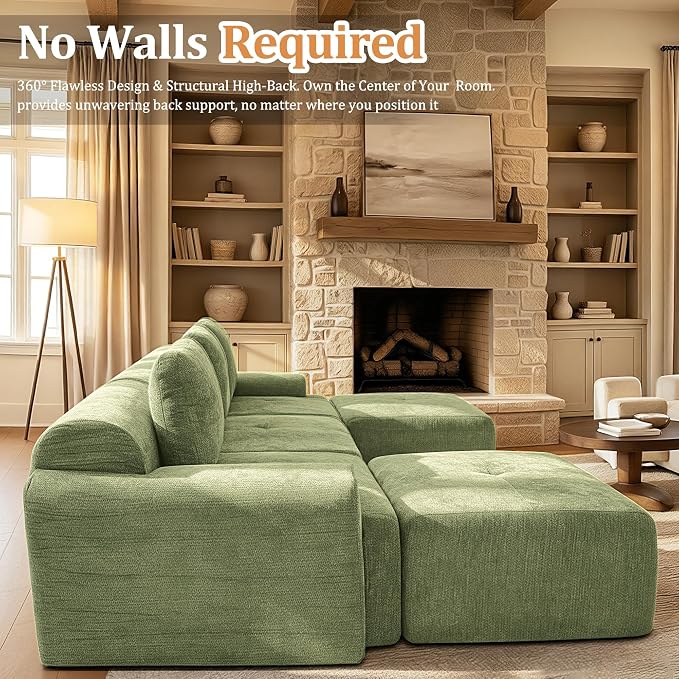 85" L Shaped Oversized Boneless Couch, Comfort Cloud Sectional Couches for Living Room, Modular Sofa High Back & Extra Deep Seat, No Assembly, Chenille(Olive Green, 85 inch- L Shaped（2+1）)