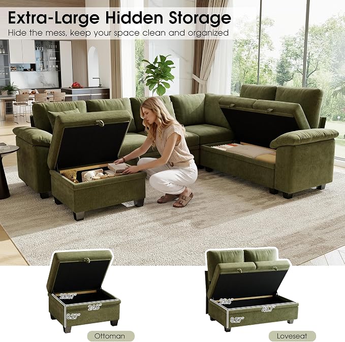 107.8" Modular Sectional Sleeper Sofa with Pull Out Bed, U Shaped 7 Seat Couch with 221L Storage, Convertible Cloud Couch Bed with Ottoman, Sectional Couches for Living Room, Apartment (Green)