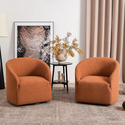 KINWELL 32" Wide Swivel Barrel Chairs Set of 2, Boucle Upholstered Swivel Accent Chairs, Mid-Century 360 Degree Swivel Chairs, No Assembly Round Armchairs for Living Room, Bedroom (Caramel)