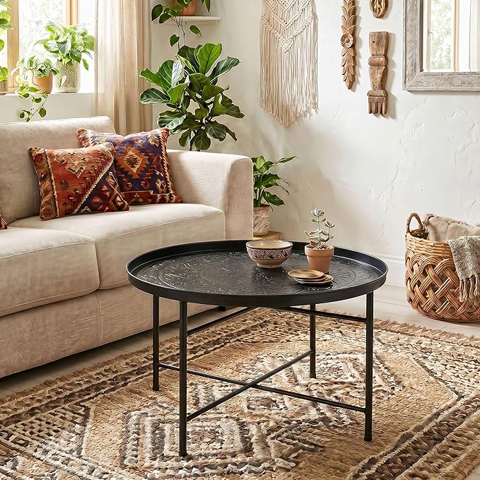 HOMCOM 24" Round Coffee Table with Hammered Tray Top, Vintage Metal Center Table for Living Room, Bedroom, Side Table, Black