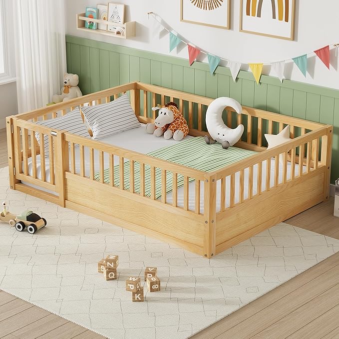 PVWIIK Full Size Floor Bed Frame with Convertible Door & Guardrails for Girls & Boys Bedroom,Montessori Bed/Near Ground Safety Design, No Box Spring Needed,Natural