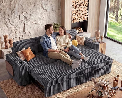 WEUP 86" Modular Sectional Sleeper Sofa with Pull Out Bed, 3 Seat Plush Corduroy L Shaped Couch with USB Ports|Cup Holders|Side Table|Storage Chaise Armrests, Tool Free Assembly, Grey