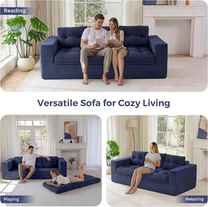 MAXYOYO 79" Loveseat Sofa Couch for Small Spaces, Upholstered Boneless Cloud Couch for Apartment Bedroom, 3-Seater Love Seat Floor Modern Sofa with Pillows, No Assembly Required, Navy