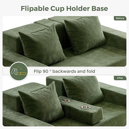 MAXYOYO Loveseat Sofa Bed, 64" Foldable Floor Sofa Couch in A Box with 2 Cup Holders, 4 in 1 Convertible Boneless Couch Folding Recliner Chair for Living Room, No Assembly Required, Green