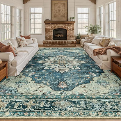 RELEANY Area Rugs Large 10'x14' Washable Non-Slip, Floral Vintage Distress Medallion Carpet for Living Room Bedroom Dining Room, Dark Blue Vintage