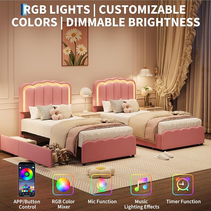 Garvee Twin Size Bed Frame with 2 Storage Drawers and LED Lights, Upholstered Platform Twin Bed with Adjustable Headboard, Wooden Slats Support, No Box Spring Needed, Easy Assembly, Pink