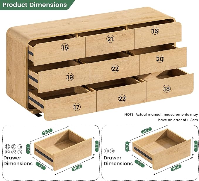 Standifurno Natural Dresser for Bedroom with 9 Drawers, 63" Wide Modern Drawers with Curved Design, Wood Drawer Organizer for Living Room, Hallway