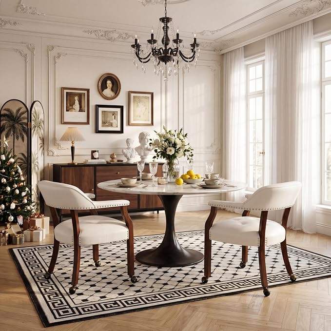 LEEMTORIG Set of 2 Large Dining Chairs with Casters and Arms, Rolling Dining Chairs with Wheels, Poker Chairs, Solid Wood Boss Caption's Chairs, 26"D x 25.2"W x 31.5"H, Cherry Legs & Ivory, SY-1533-WT
