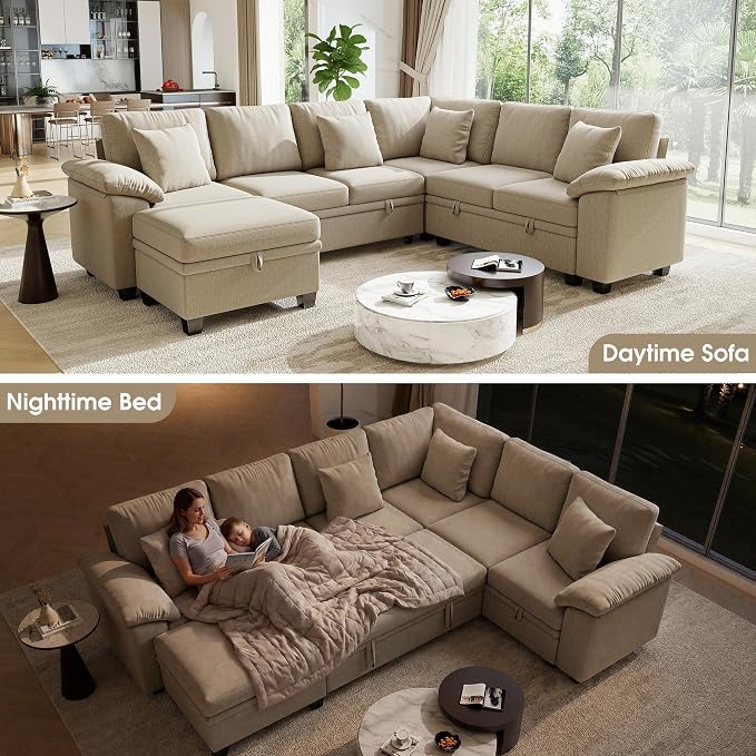 107.8" Modular Sectional Sleeper Sofa with Pull Out Bed, U Shaped 7 Seat Couch with 221L Storage, Convertible Cloud Couch Bed with Ottoman, Sectional Couches for Living Room, Apartment (Sand)