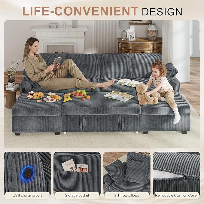 Hanherry 104" Sectional Sofa with Pull Out Couch Bed,Corduroy Sleeper Sofa with Storage Ottoman & USB Charging,Comfy L Shaped Modular Couches for Living Room,Apartment