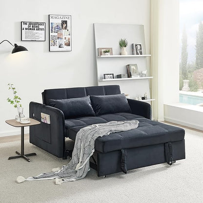55.5" Velvet Convertible Sofa Bed, Pull Out Sleeper Sofa Bed, Loveseat Couch with USB Charging Ports, 3 in 1 Convertible Sleeper Sofa Bed for Living Room, Apartment, Bedroom, RV, Black